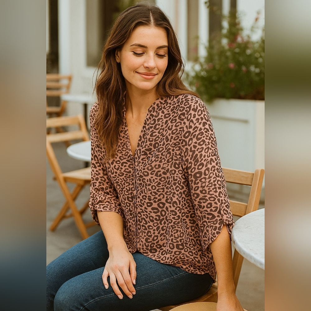 Maurices Semi Sheer Boho Peach And Grey V Neck Leopard Print  Blouse